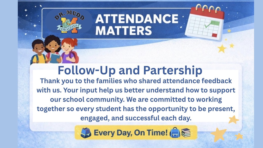 Blue Dr. Mudd Elementary School attendance graphic featuring the Dr. Mudd Dragons logo, cartoon students, and the heading “Attendance Matters.” The message thanks families for sharing attendance feedback and emphasizes the school’s commitment to working together so every student can be present, engaged, and successful each day. A banner at the bottom reads, “Every Day, On Time!” with school-themed icons.