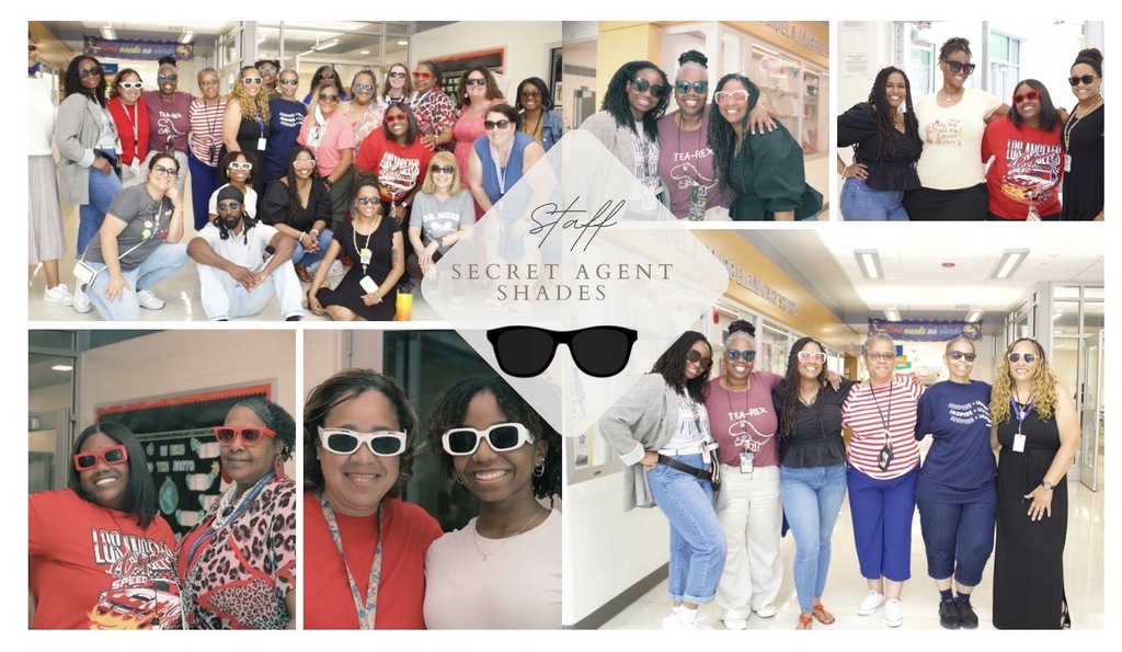 Photo collage featuring Dr. Samuel A. Mudd Elementary School staff participating in “Secret Agent Shades” Spirit Day. Staff members wear a variety of sunglasses and pose together in group and individual photos throughout the school building. The collage includes a central “Staff Secret Agent Shades” graphic with sunglasses and showcases staff members smiling, having fun, and demonstrating school spirit.