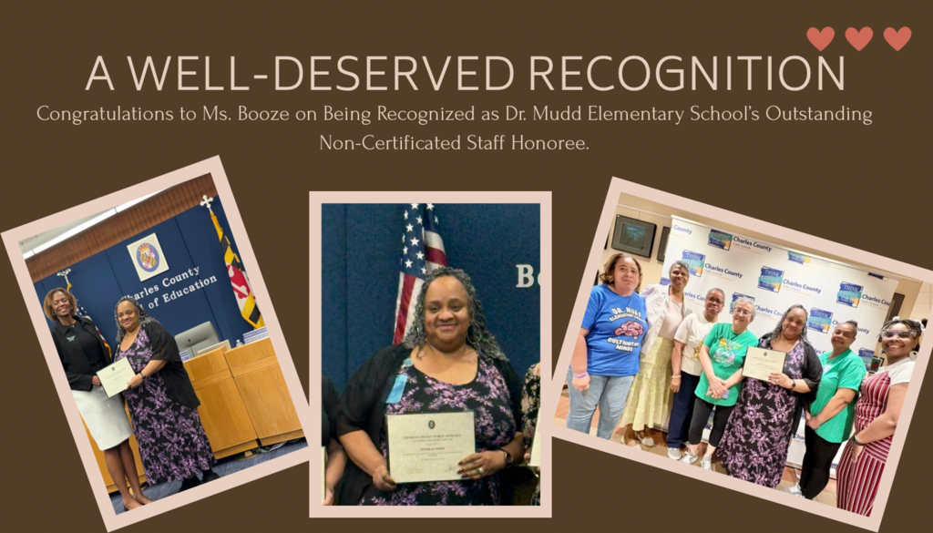 A recognition collage honoring Ms. Deborah Booze, Dr. Mudd Elementary School’s Outstanding Non-Certificated Staff Honoree. The collage features three photos of Ms. Booze receiving her award certificate and posing with colleagues. The title reads, “A Well-Deserved Recognition,” celebrating her dedication and service as the school’s registrar.