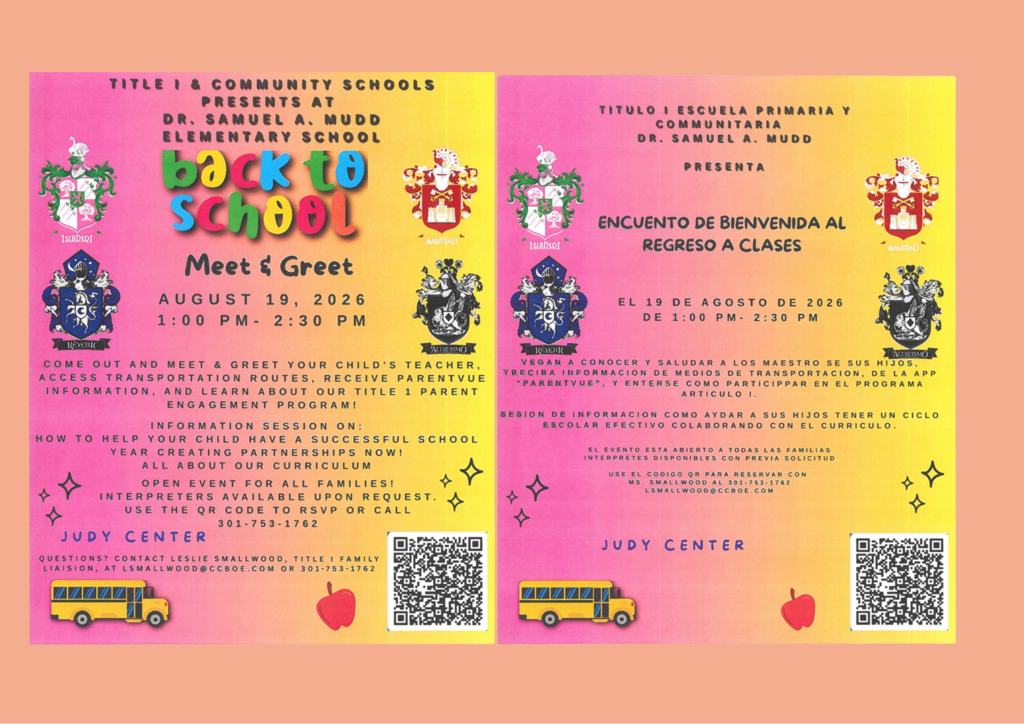 Back-to-School Meet & Greet flyer for Dr. Samuel A. Mudd Elementary School on August 19, 2026, from 1:00–2:30 p.m., with event details, English and Spanish information, and a QR code to RSVP.
