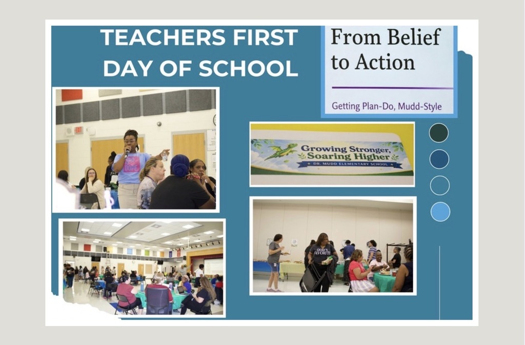 Dr\. Mudd teachers gather for their first day of school, participating in professional learning and enjoying breakfast together\.