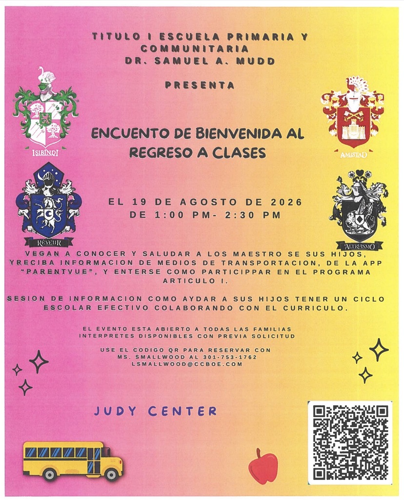 Back-to-School Meet & Greet at Dr. Samuel A. Mudd Elementary on August 19, 2026, from 1:00–2:30 PM. Event information is provided in English and Spanish.