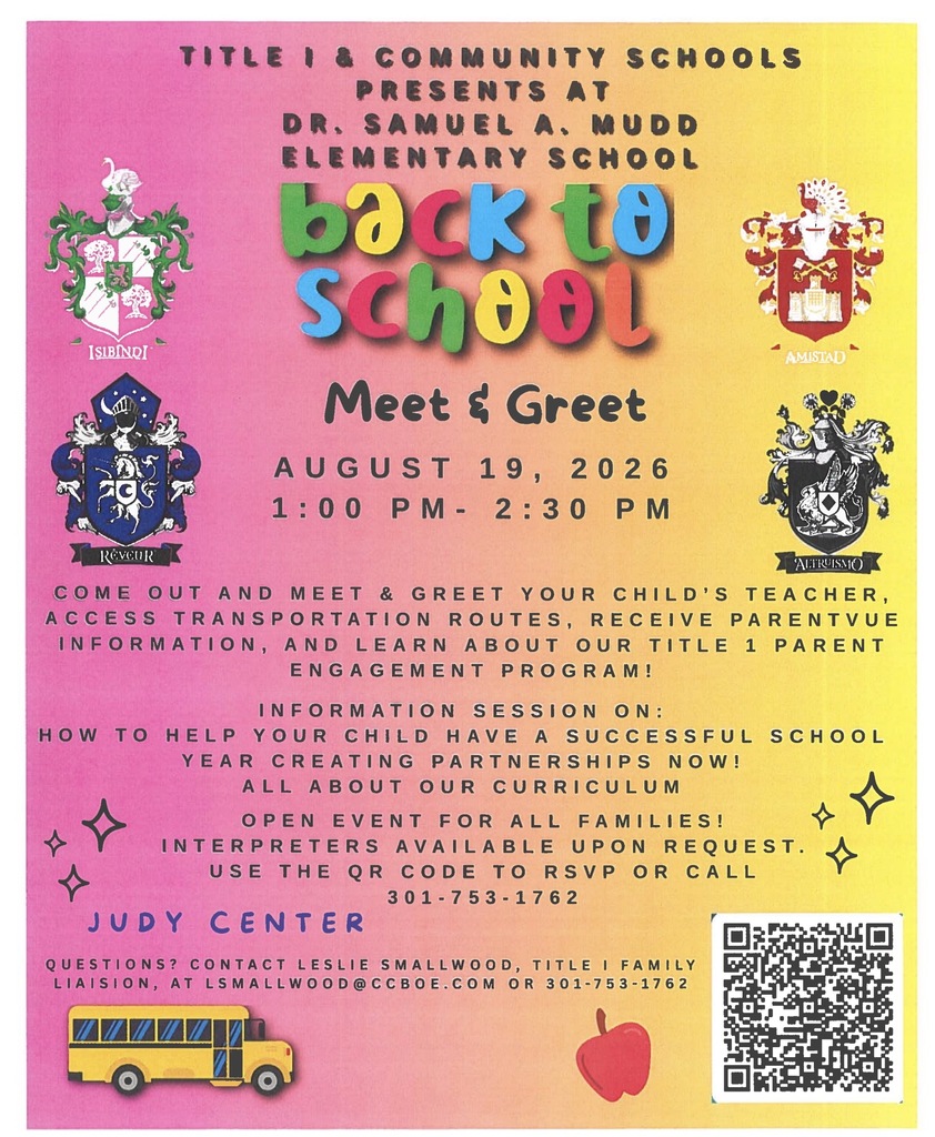 Back-to-School Meet & Greet at Dr. Samuel A. Mudd Elementary on August 19, 2026, from 1:00–2:30 PM. Event information is provided in English and Spanish.