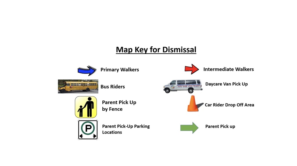 Key explaining the symbols and routes used on Dr. Mudd’s dismissal map for student pick-up and transportation.