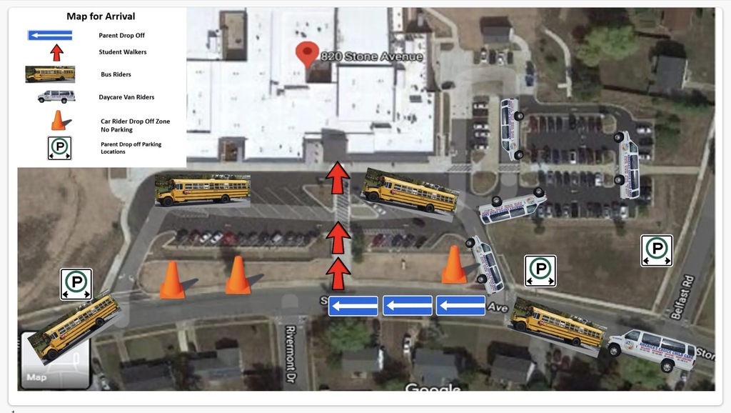 Map showing designated arrival routes and locations for Dr. Mudd families, buses, daycare vans, walkers, and car riders.