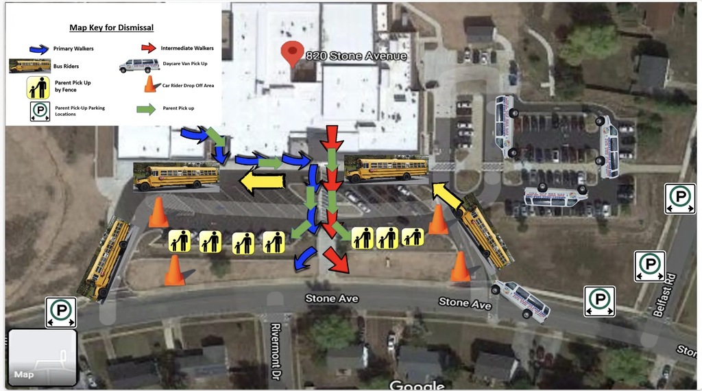 Map showing Dr. Mudd dismissal routes and designated areas for walkers, buses, daycare vans, car riders, and parent pick-up.