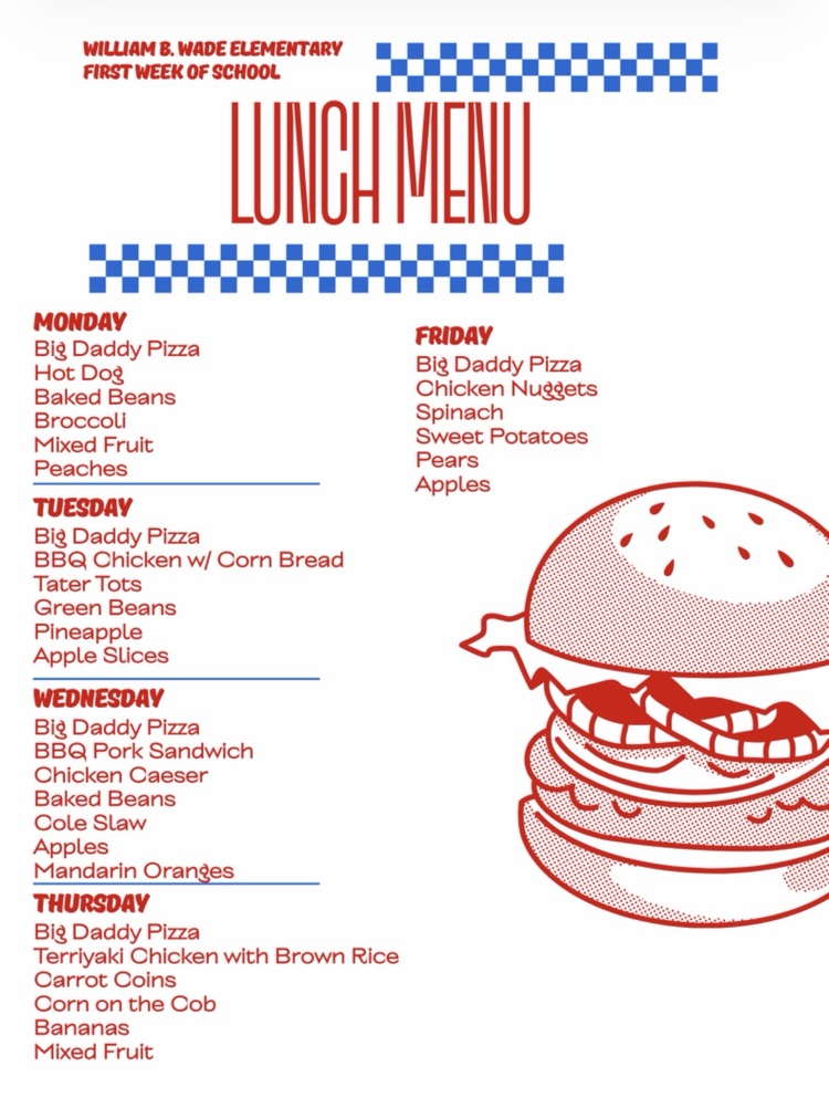 picture of hamburger with the lunch menu listed. 
