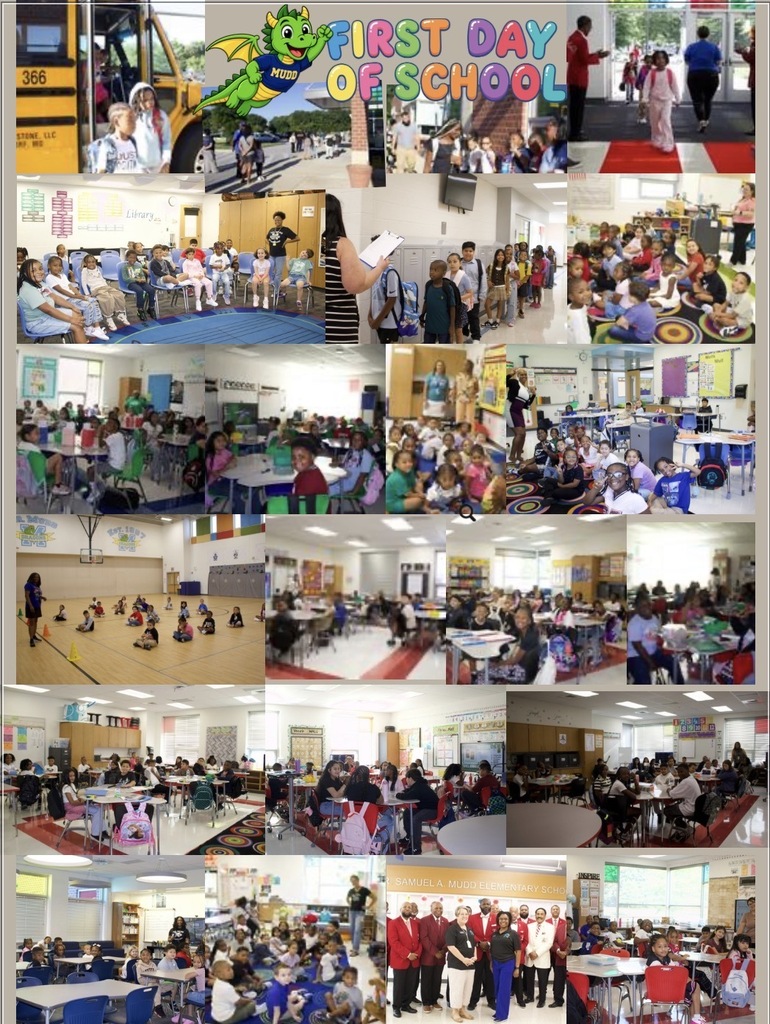 Collage celebrating the first day of school at Dr. Samuel A. Mudd Elementary, featuring students arriving by bus, receiving a warm welcome at the entrance, and smiling with classmates and teachers in classrooms, the library, and gym. Members of Kappa Alpha Psi Fraternity, Inc. are also pictured helping welcome students to the new school year.