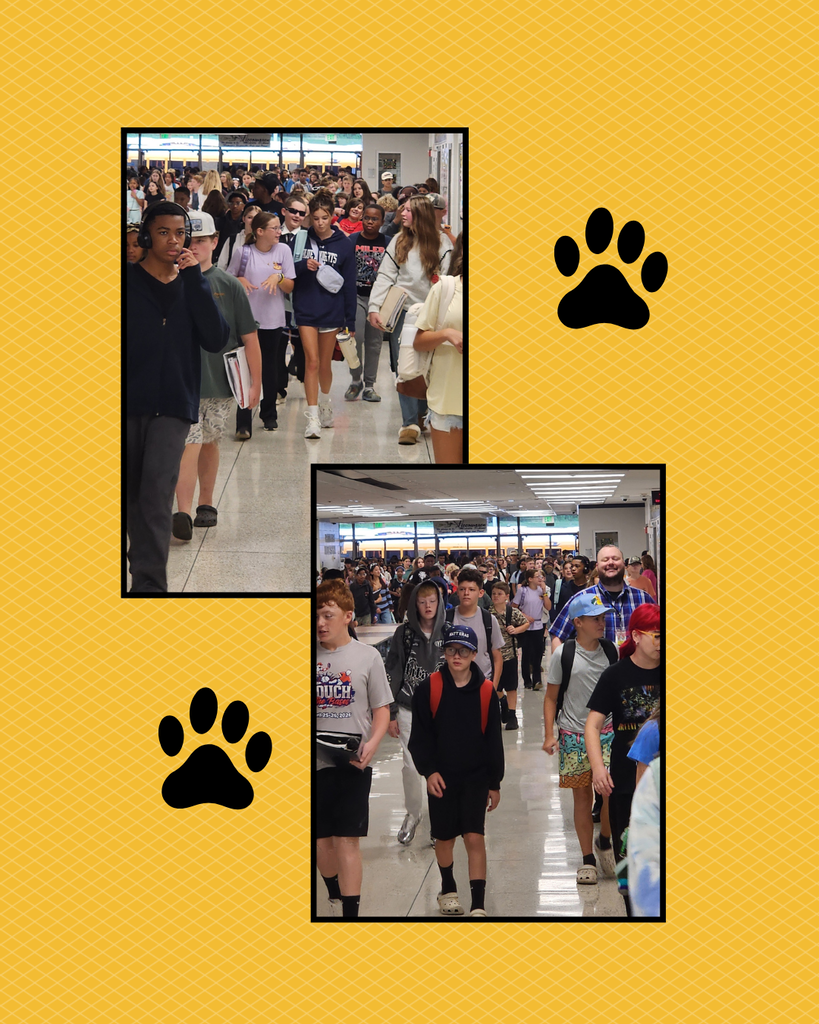 two pictures of students walking into schjool with yellow background and two black pawprints
