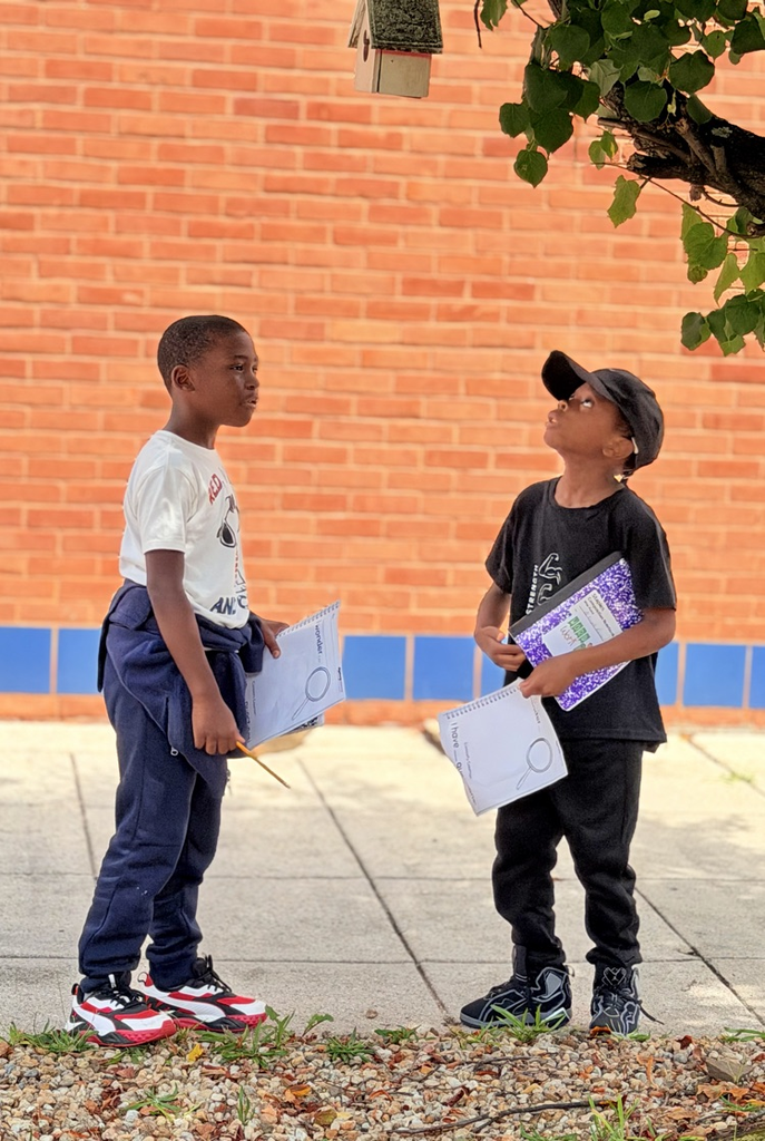 2 students looking up 