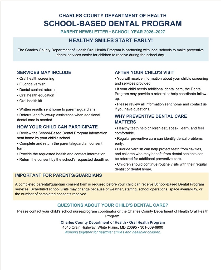 Charles County Department of Health School-Based Dental Program parent newsletter for the 2026–2027 school year, explaining preventive dental services, consent requirements, follow-up care, and contact information for families.