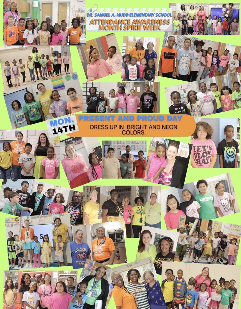 Photo collage of Dr. Mudd students and staff wearing bright and neon colors for Present and Proud Day during Attendance Awareness Month Spirit Week.