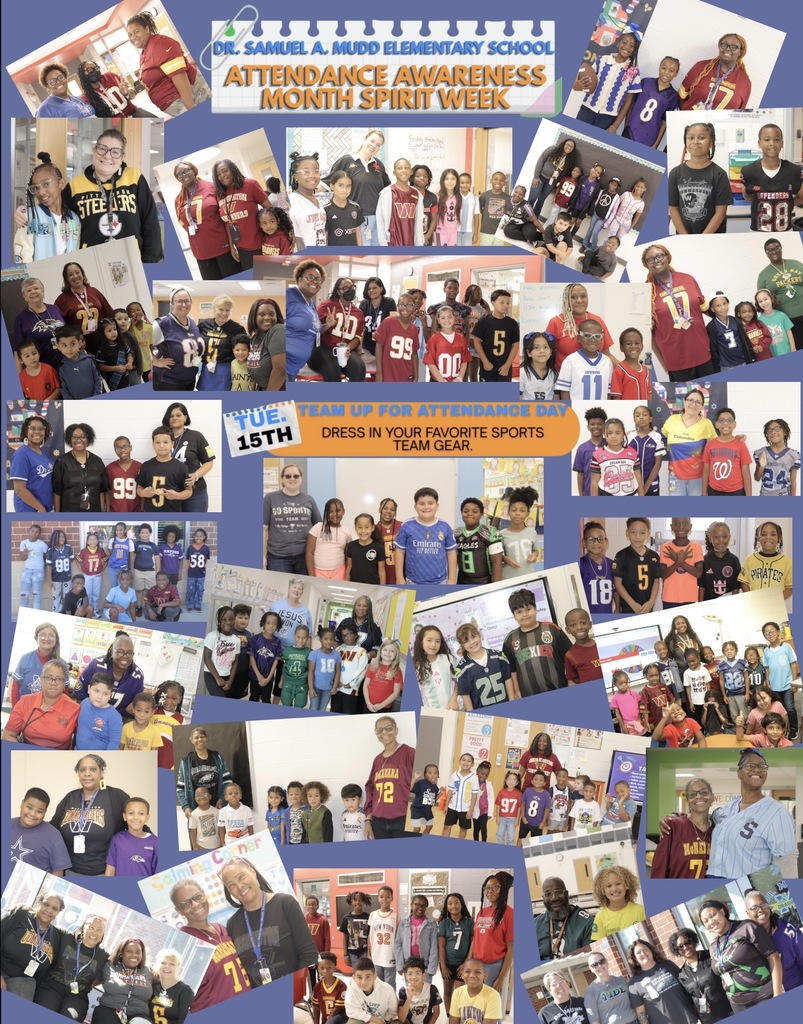 Photo collage of Dr. Mudd students and staff wearing favorite sports team gear for Team Up for Attendance Day during Attendance Awareness Month Spirit Week.