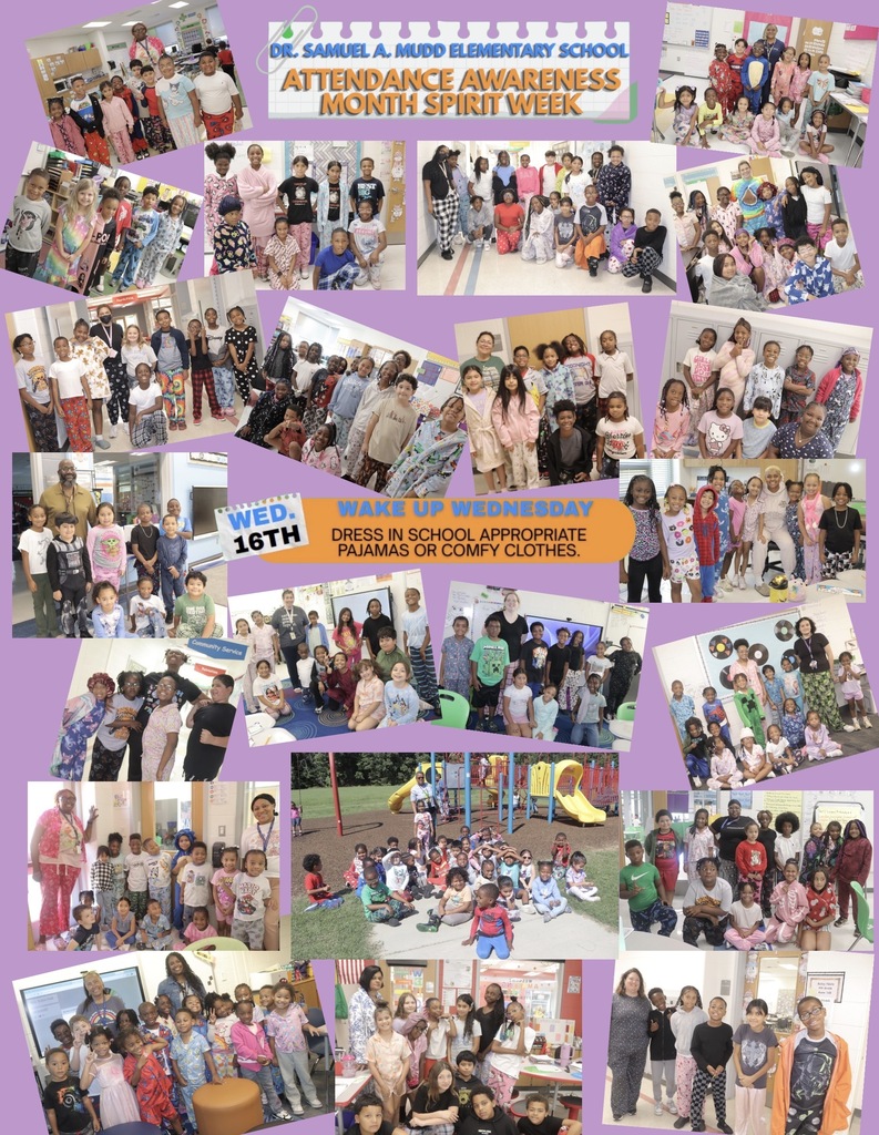 Photo collage of Dr. Mudd students and staff wearing school-appropriate pajamas and comfy clothes for Wake Up Wednesday during Attendance Awareness Month Spirit Week.