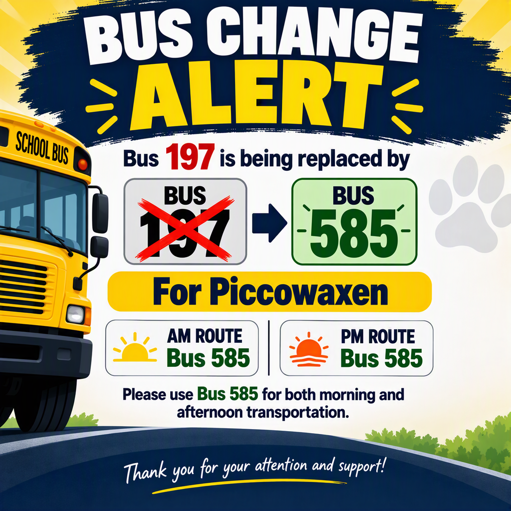 blue and yellow graphic with school bus and text