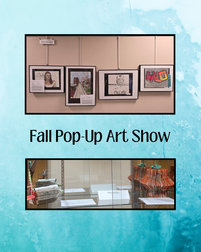 blue background with 2 pictures showing artwork