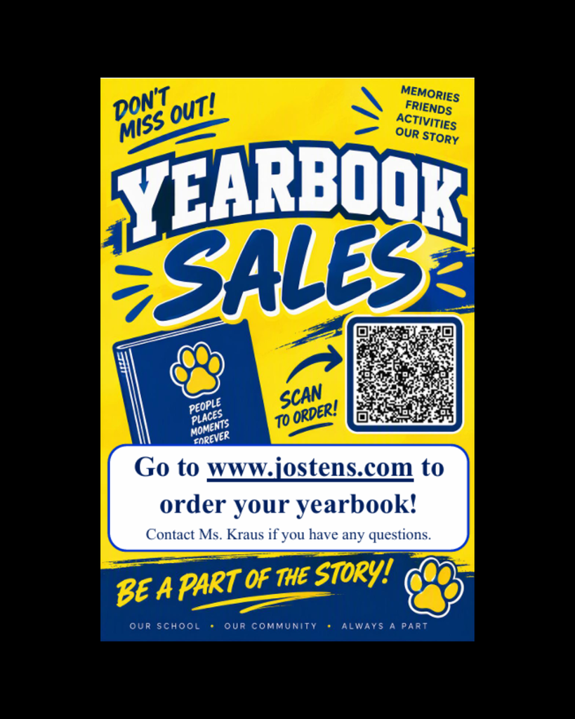 black background with blue and yellow flyer advertising yearbook sales