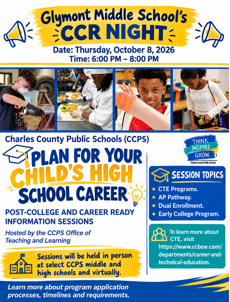 Glymont Middle School College and Career Readiness Night flyer. The event is Thursday, October 8, 2026, from 6:00–8:00 PM at Glymont Middle School. Families can learn about CTE programs, AP pathways, dual enrollment, and the Early College Program, including CTE application requirements and timelines.
