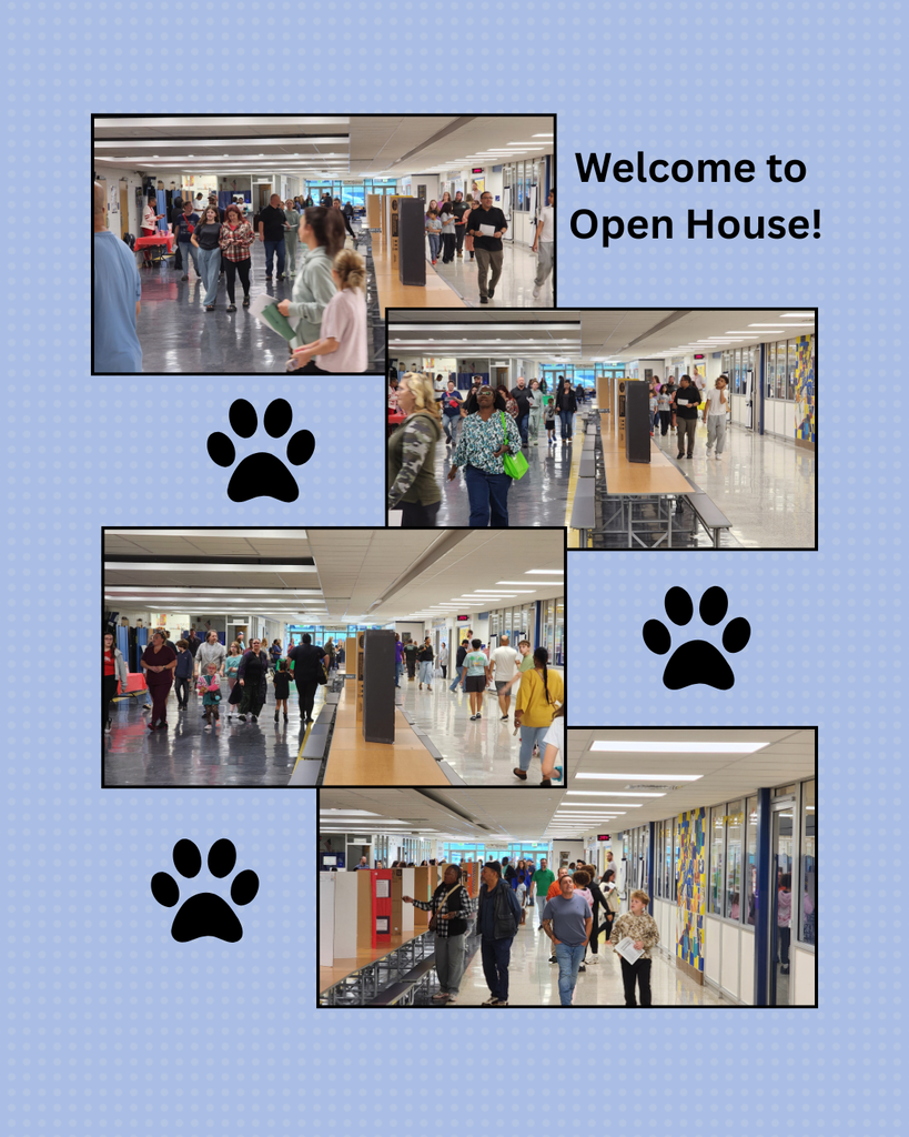 four photos and black paw prints on blue background