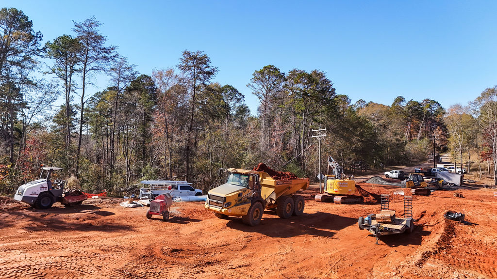 View of work trucks at a constuction site
