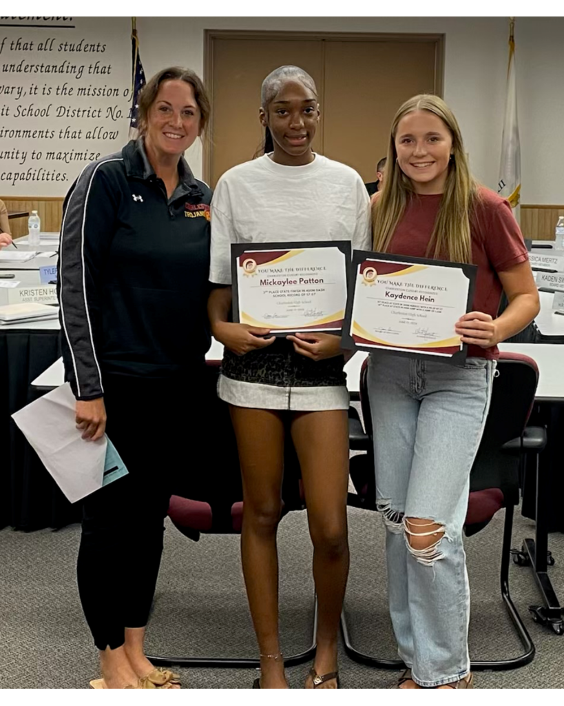 Mikaylee Patton, Kaydence Hein, and principal Kori Brimner