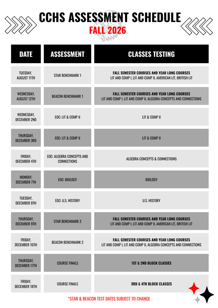 CCHS Assessment Schedule - Fall 2026
