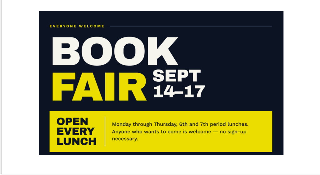 JSHS Book Fair Sept 14-17