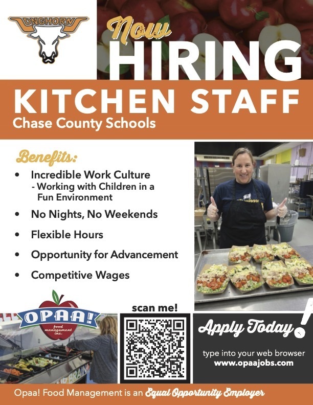 Chase County Schools kitchen is hiring, please apply today.