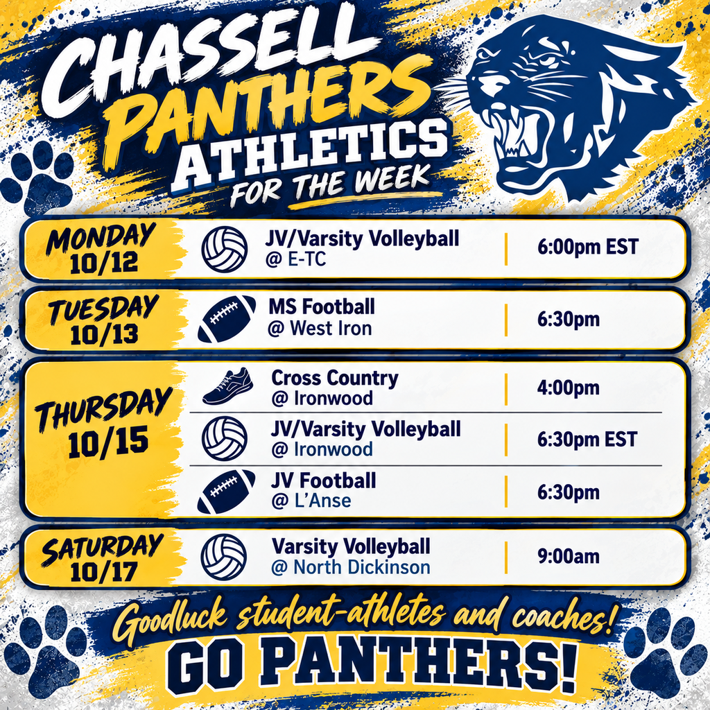 Hi Panthers! Here are this weeks athletic events! Thank you for supporting our student-athletes!