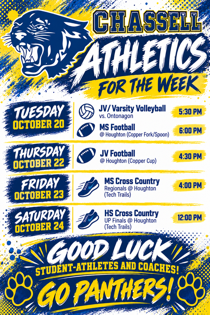 Hi Panthers! Here are this weeks athletic events! Come out and cheer on our amazing student-athletes! Go Panthers!!