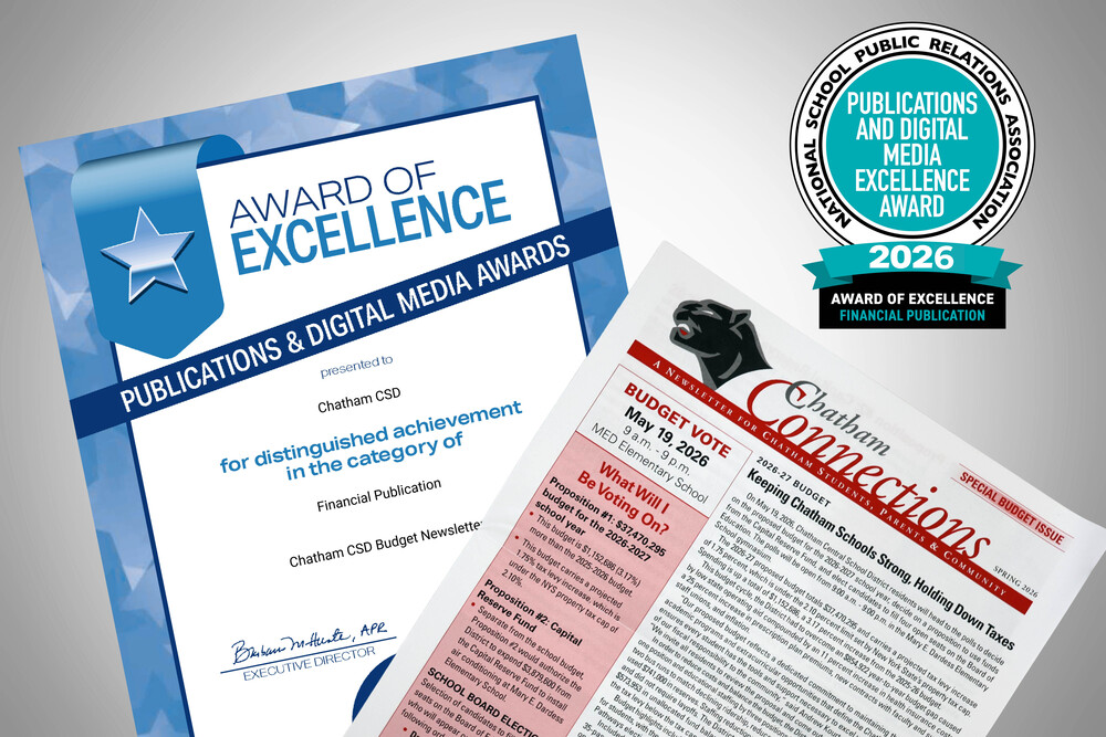 Award of Excellence certificate and Chatham Connection budget newsletter cover page with Publications and Digital Media Excellence Award