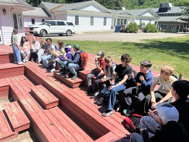 students sitting on bleachers