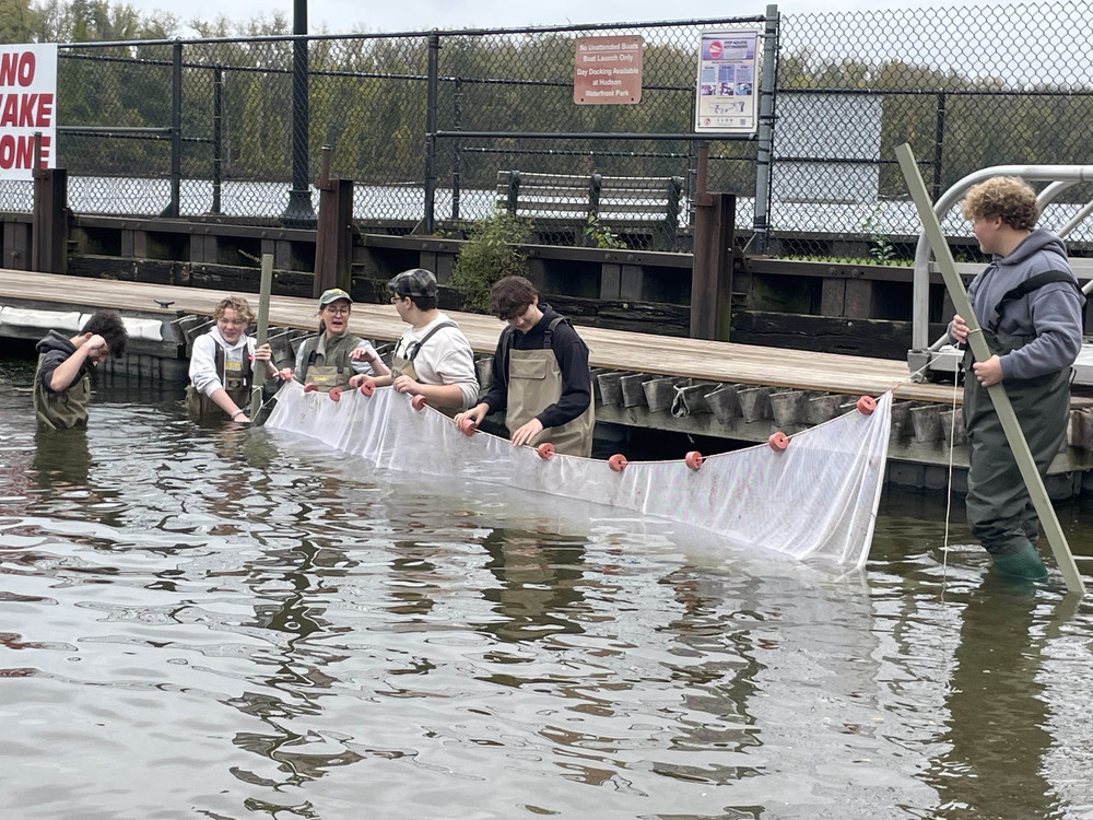 students wading with sein net in river