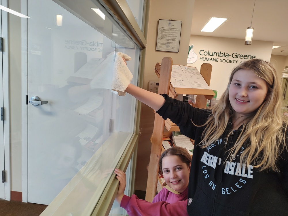 two girls scrubbing windows in Columbia Greene Humane Society