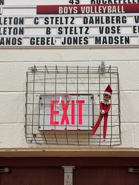 Elf hanging  in gym exit sign protective cage