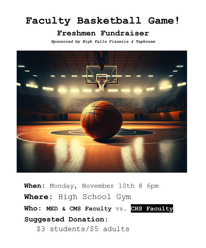 Faculty Basketball Game Flyer with image of basketball sitting on court