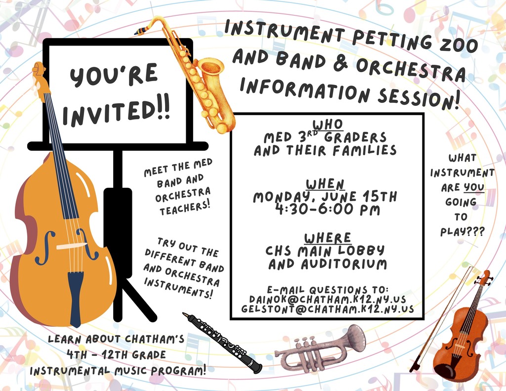 Instrument Petting Zoo FLyer showing chello, saxophone, clarinet, trumpet, and violin