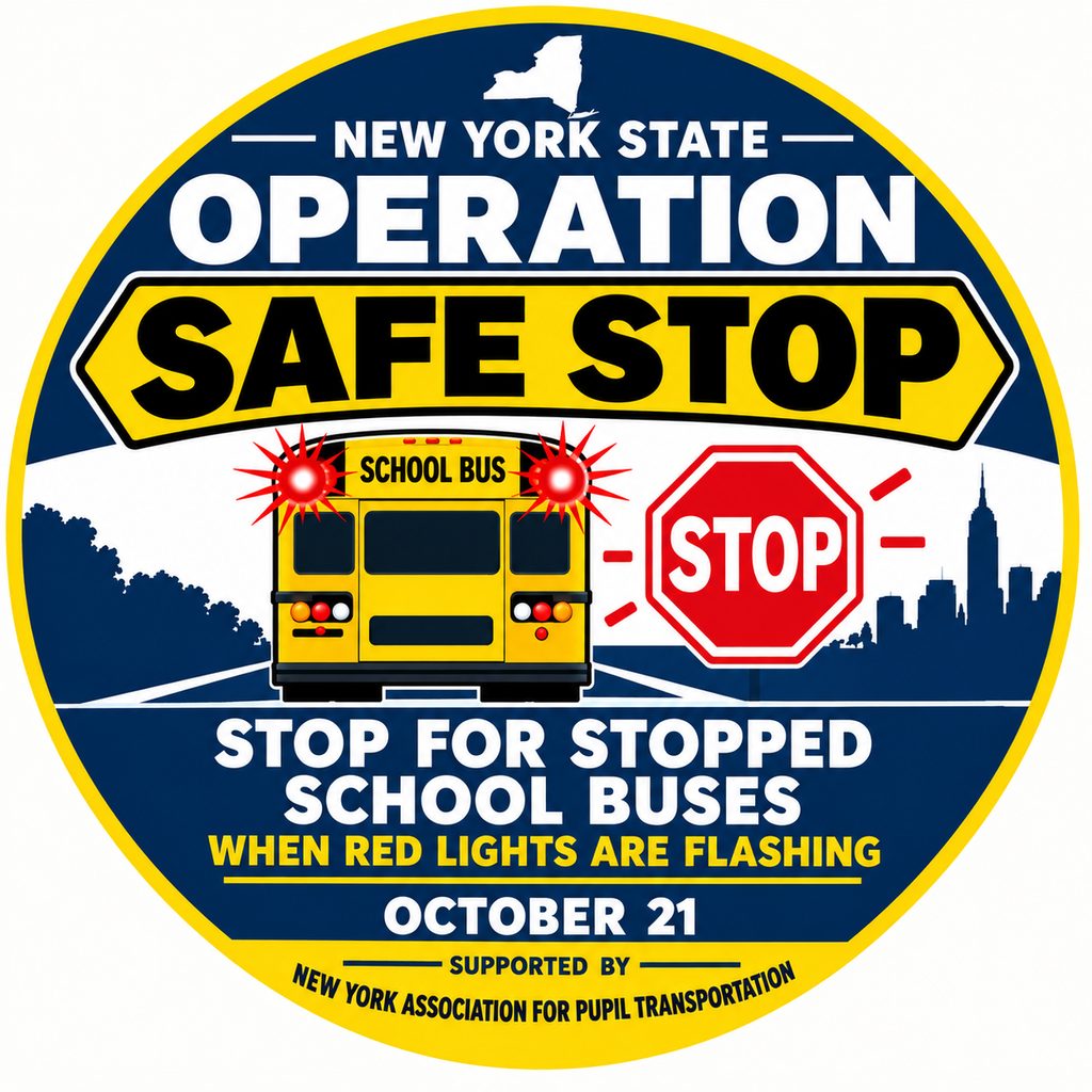 Operation Safe Stop Seal showing bus with lights flashing and stop sign