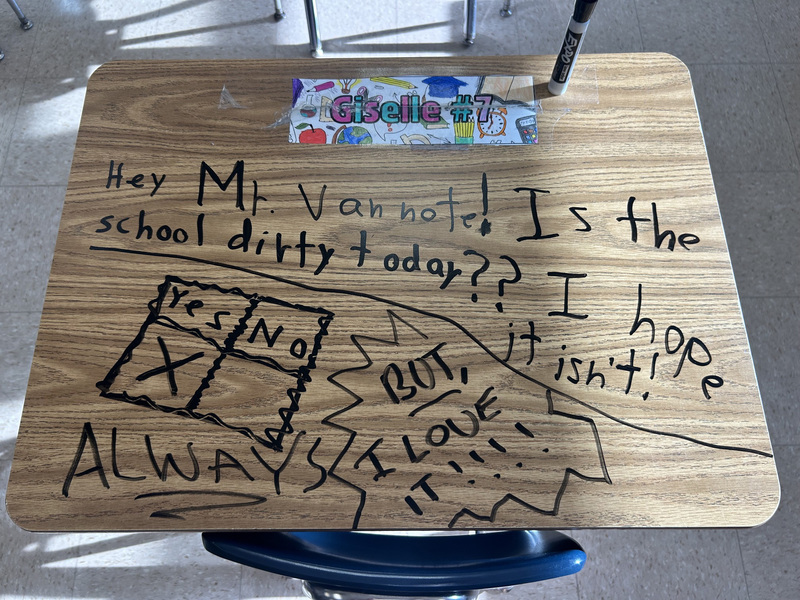 desk with writing and drawing on it