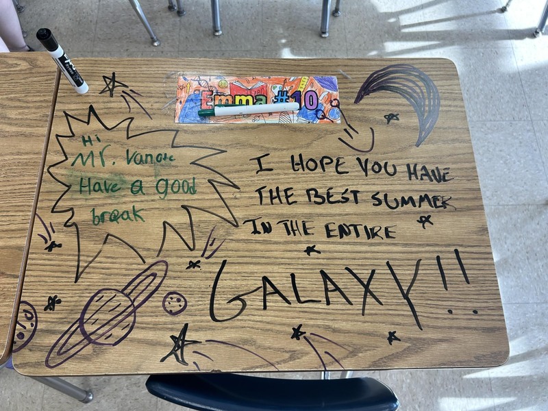 desk with writing and drawing on it