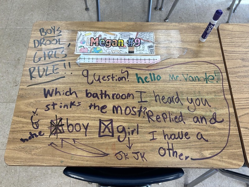 desk with writing on it