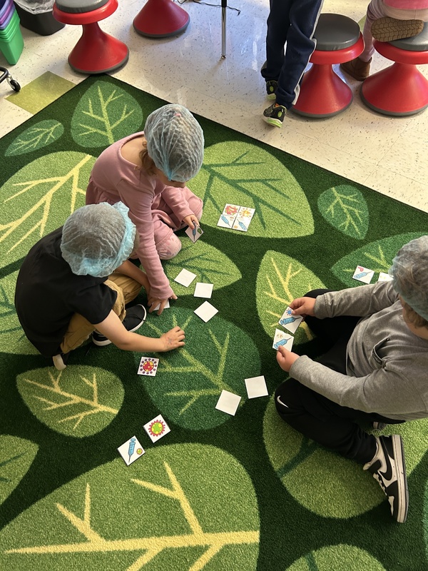 students using cards on floor
