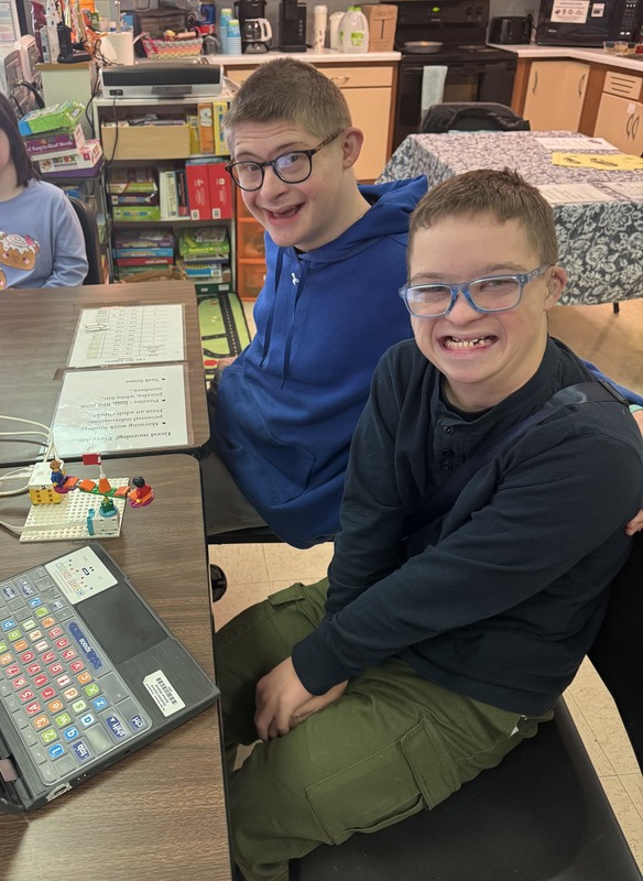 two boys with miniature carousel and laptop