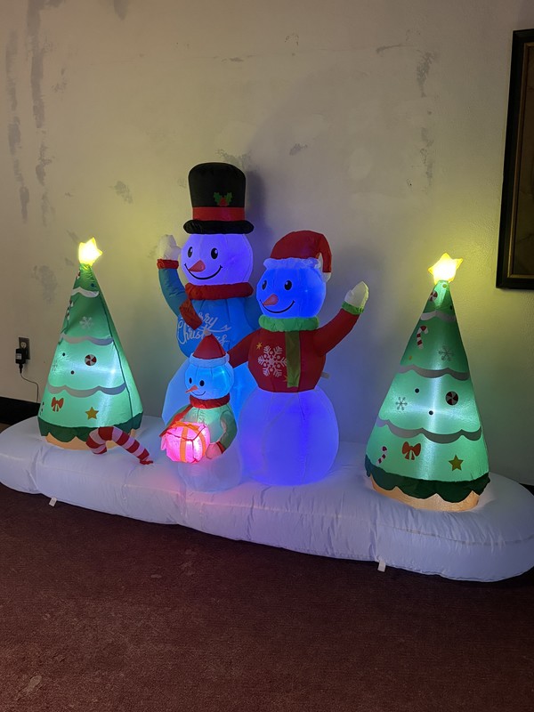 snowman and Christmas tree blow ups