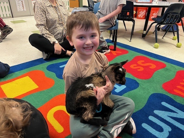 boy holding baby goat