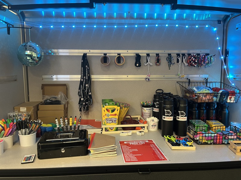inventory on store shevlkes showing school supplies and other items.