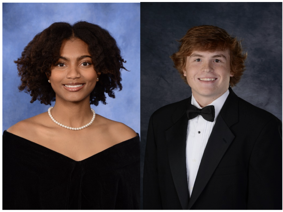 image shows male and female students in graduation drape and tux pose