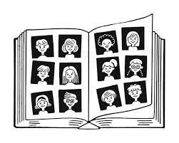 Black and white illustration of an open yearbook showing cartoon portraits of smiling people in a grid layout, with five pictures on the left page and five on the right page.