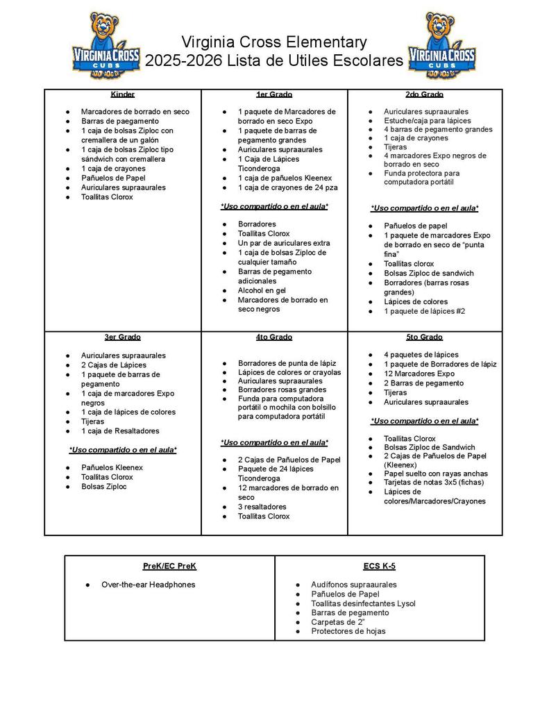 Spanish supply list
