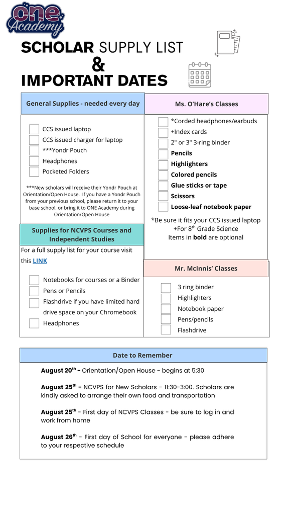 This is a supply list for the 2025-2026 school year. There are a list of important dates at the bottom of the list.